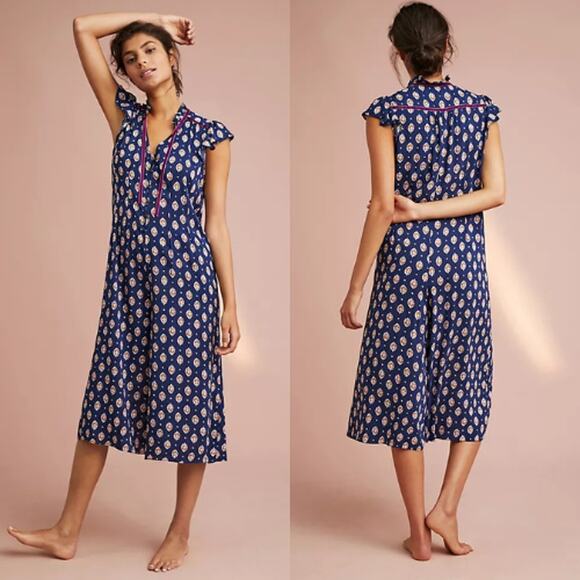Floreat Anthropologie Gabrielle Sleep Jumpsuit Women's Sze M Blue Capri Wide Leg - Picture 1 of 11